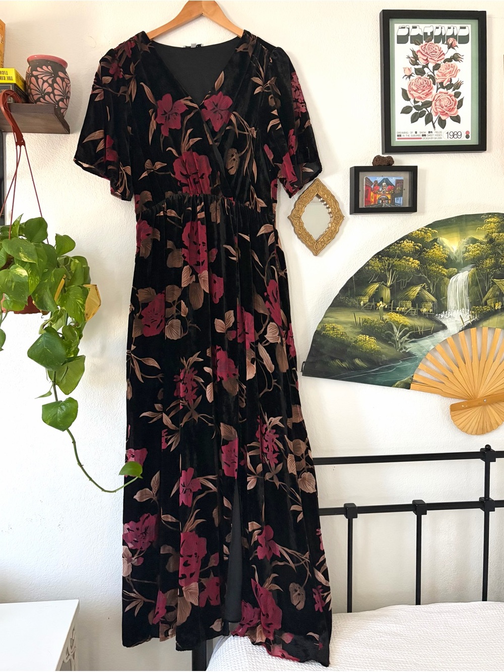 Merlot and Black Velvet Floral Whimsigoth Dark Fairy Maxi Dress - XL Baltic Born
